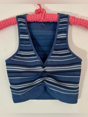Aerie Striped V-Neck Ribbed Knit Crop Top Blue, Navy & White - Women’s Medium